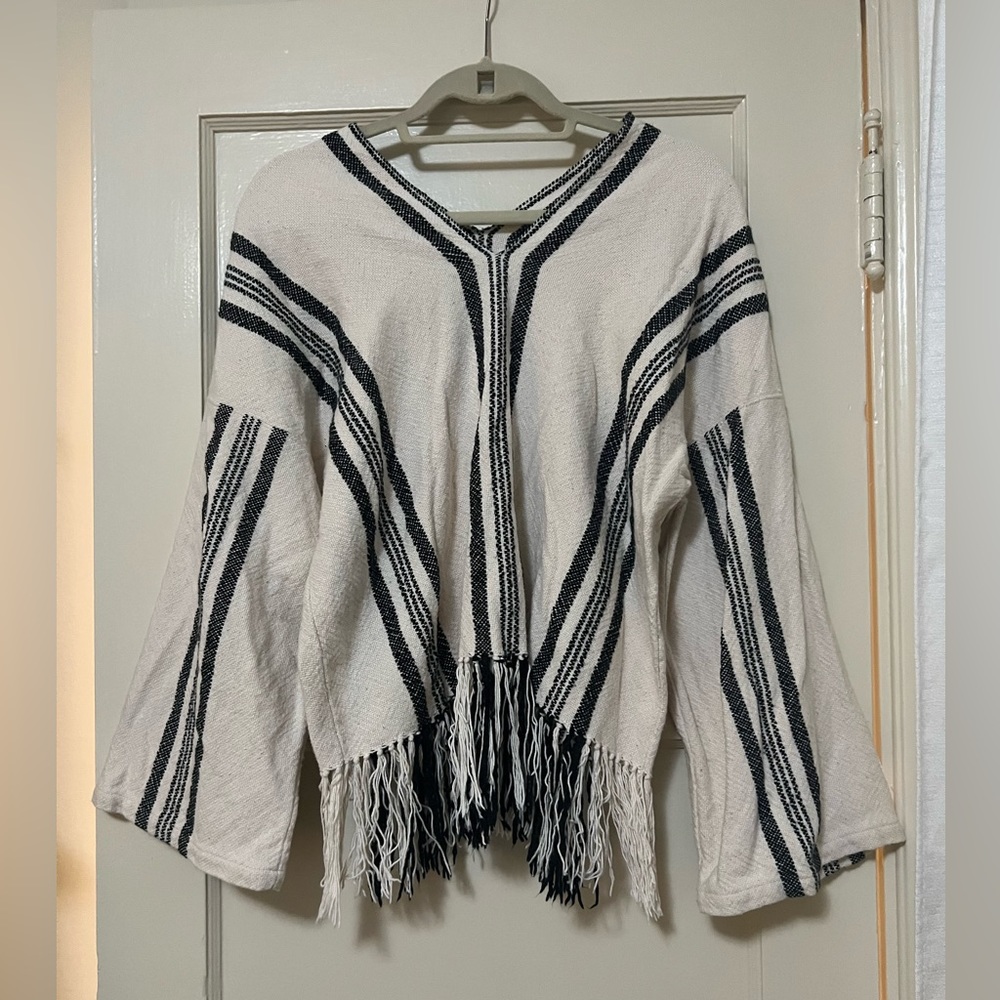 Apiece Apart black and white fringe poncho w sleeves